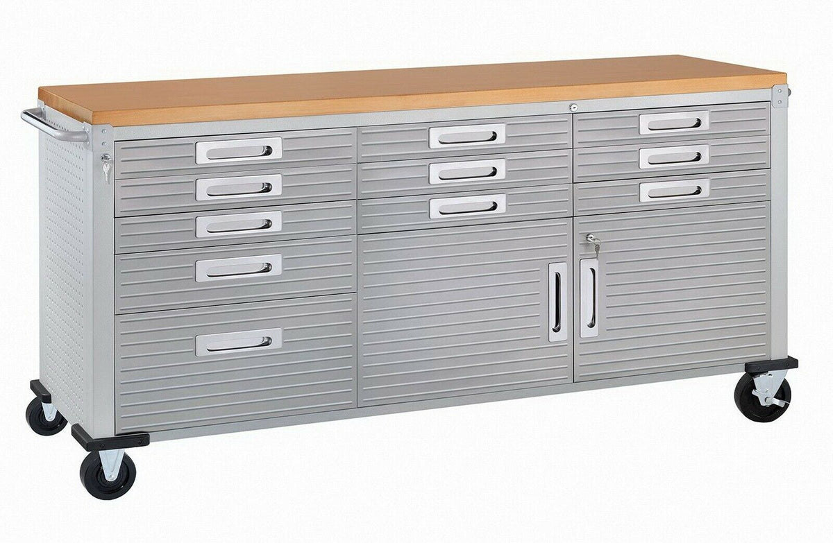 Tool Chest 72" x 20" x 37.5" 11 Drawer Tool Storage Chest Cabinet Wood Top Workbench Mobile Rolling 2 Door