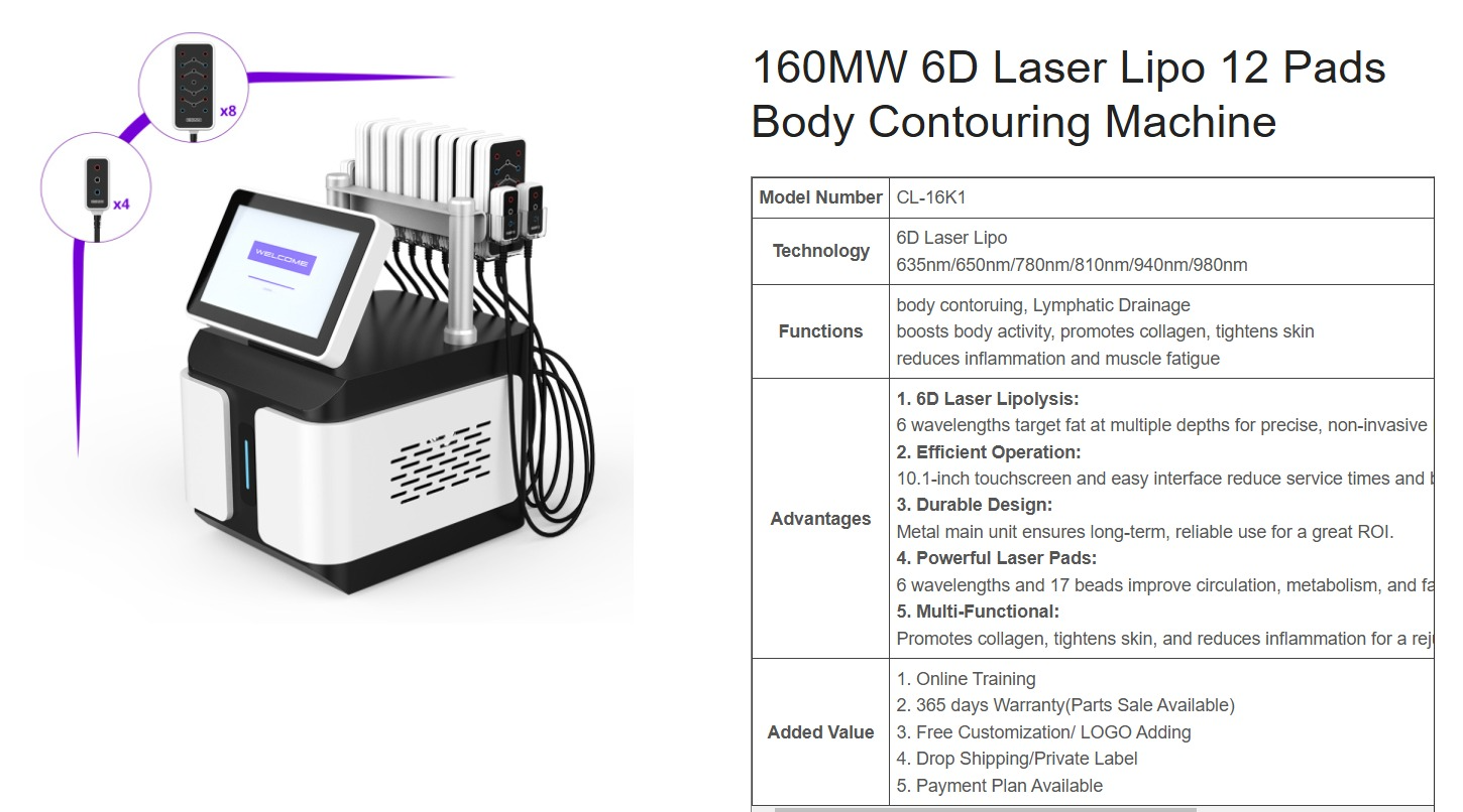 6D Lipo Laser Machine with 6 Wavelengths & 12x160mW Pads for Advanced Body Sculpting & Fat Reduction