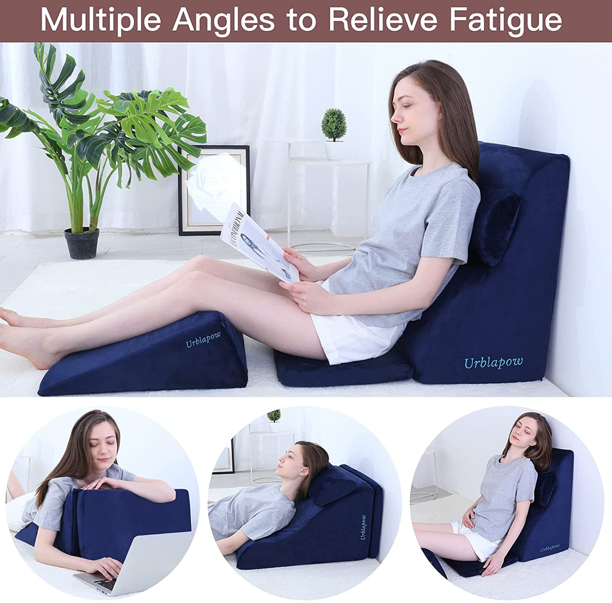 Bed Wedge Pillow for Back Neck and Leg Pain Relief I Blue -
