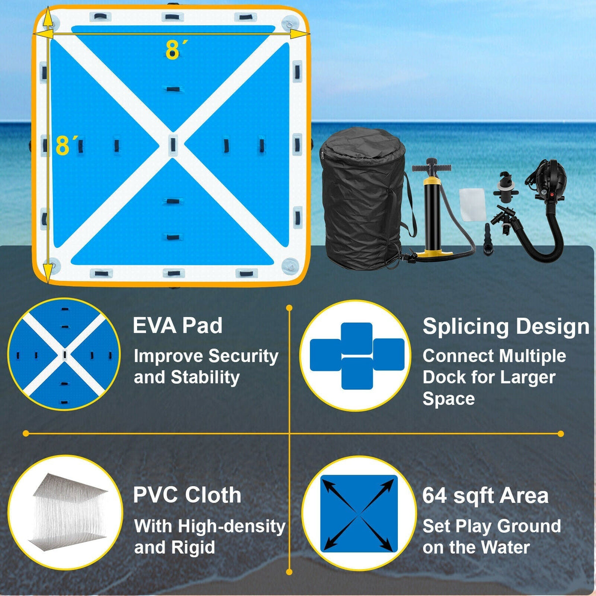 Floating Fishing Dock PVC Inflatable Dock Platform 8x8 ft w/