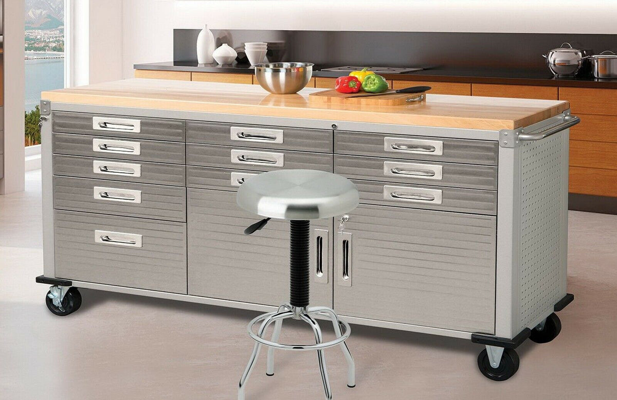 Tool Chest 72" x 20" x 37.5" 11 Drawer Tool Storage Chest Cabinet Wood Top Workbench Mobile Rolling 2 Door