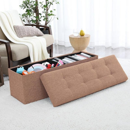 Foldable Tufted Linen Large Storage Ottoman Bench Foot Rest Stool/Seat - 15" x 45" x 15"