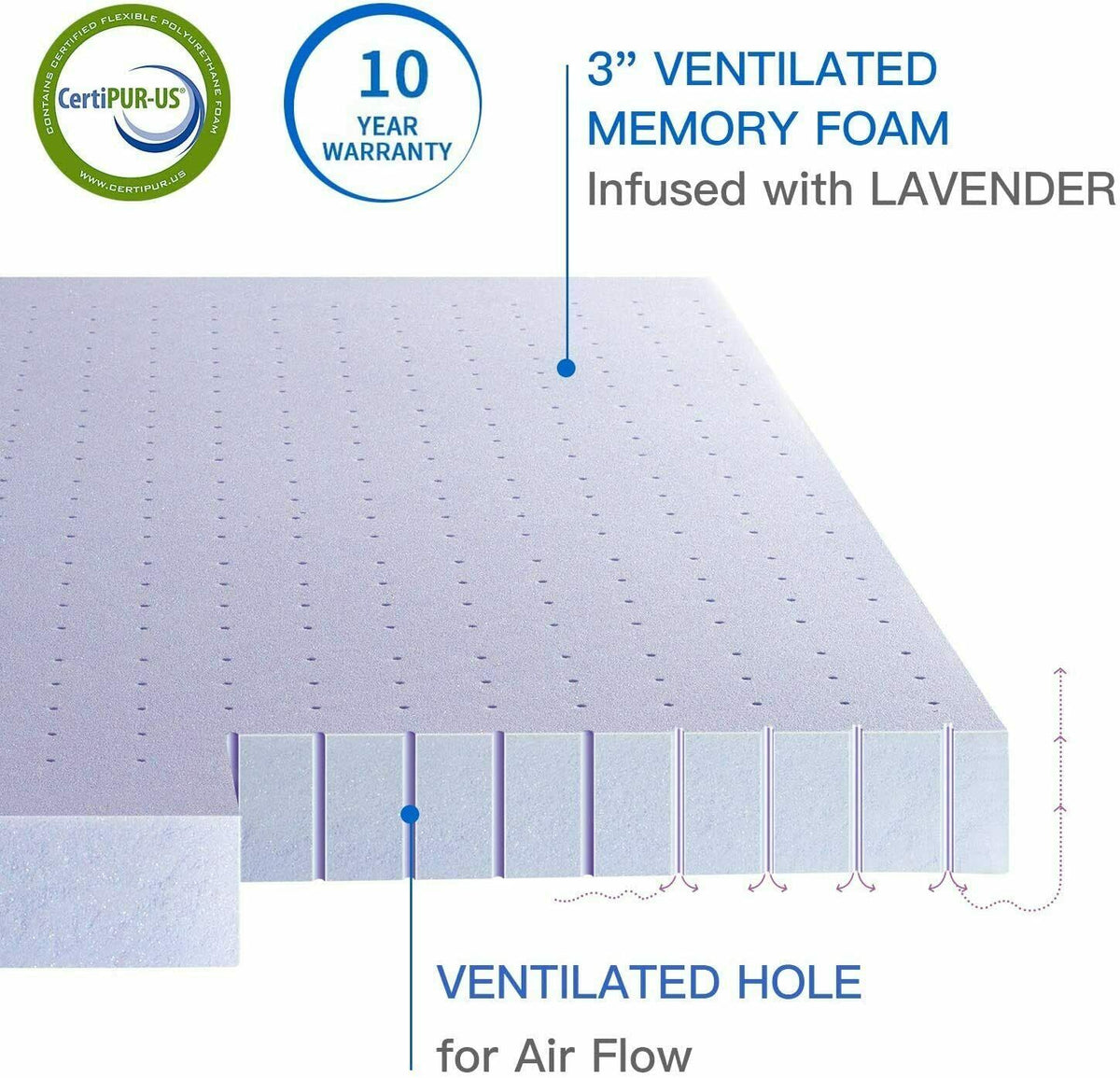 Mattress Topper Memory Foam Lavender CertiPUR-US Certified