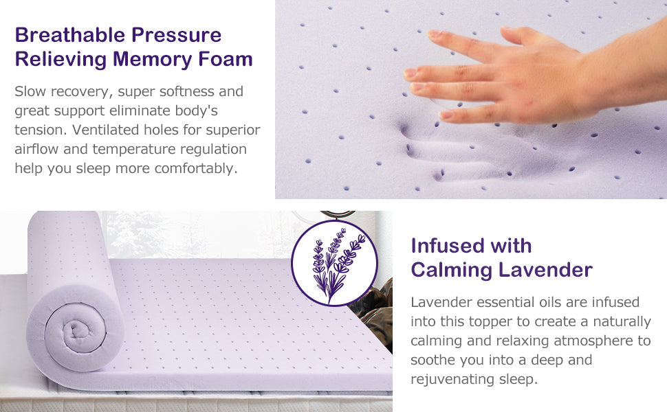 Mattress Topper Memory Foam Lavender CertiPUR-US Certified